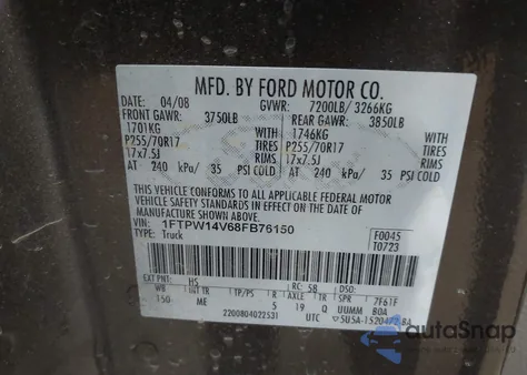 2008 Ford F-150 60Th Anniversary/Fx4/King Ranch/Lariat/Xlt из США, поврежденный, VIN 1FTPW14V68FB76150